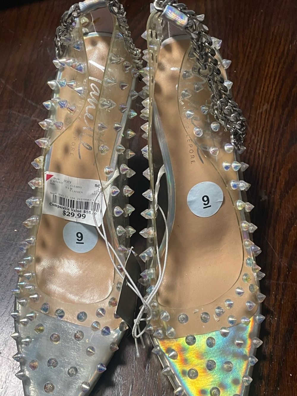 Iridescent Pointed Toe Spike Slingback Flats - Size 9